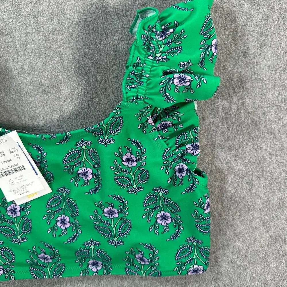 Crewcuts J.Crew Ruffle Strap Bikini Top Swimsuit Girls 12 New Green Floral BX172